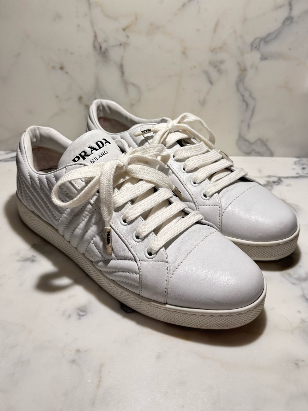 Prada White Quilted Leather Low Top Sneakers EU 38.5